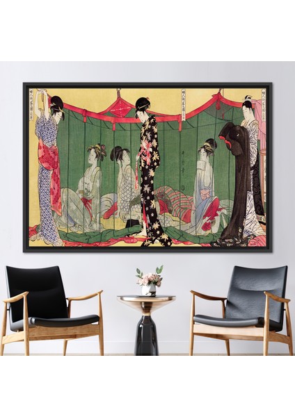 1 Parça Siyah Çerçeveli Kanvas Tablo, Utamaro Kitagawa Sanat Eseri,