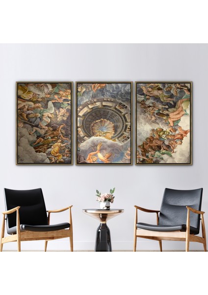3 Parçalı Gold Çerçeveli Kanvas Tablo, Giulio Romano Resim, Devlerin Odasında Fresk Duvar Dekoru,