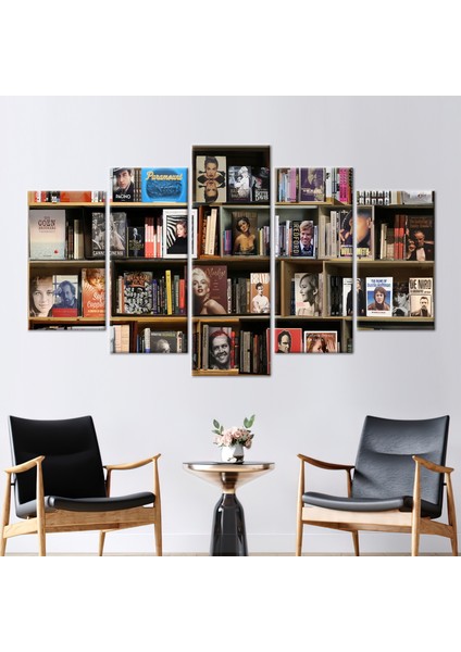 5 Parçalı Mix Kanvas Tablo, Kütüphane Fotoğraf Baskısı, Kitaplık Fotoğrafı 3 Boyutlu Kanvas,
