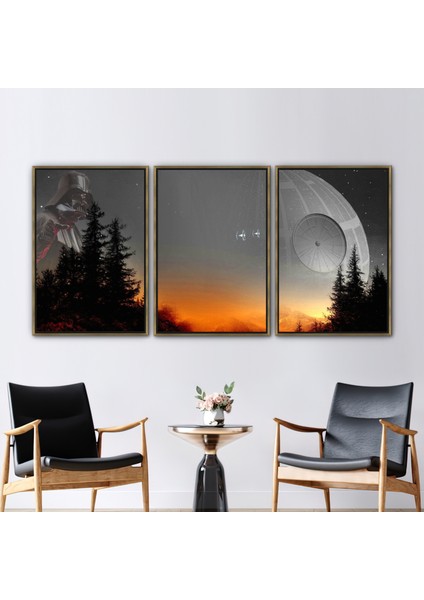 3 Parçalı Gold Çerçeveli Kanvas Tablo, Yıldız Savaşları, Ölüm Yıldızı Hediye Kanvas,