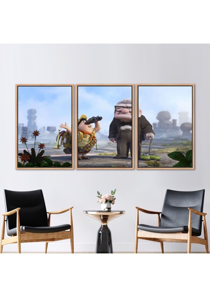 3 Parçalı Naturel Çerçeveli Kanvas Tablo, Çocuk Odası Posteri, Carl ve Russell Duvar Süsü,