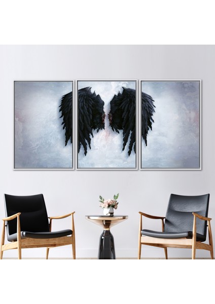 3 Parçalı Beyaz Çerçeveli Kanvas Tablo, Siyah Kanatlar, Melek Kanvas Poster, Modern Posteri,