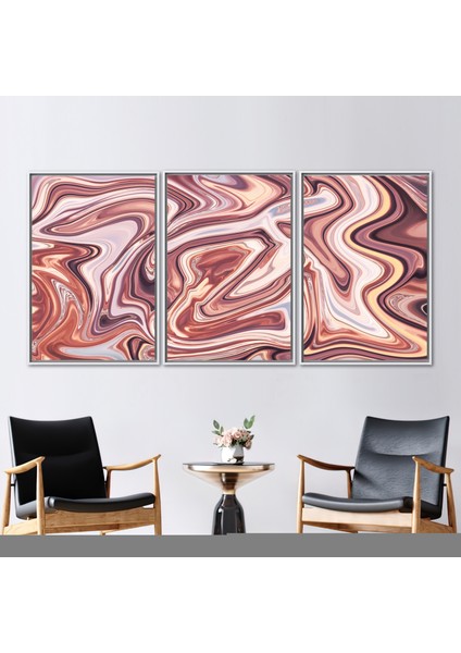 3 Parçalı Beyaz Çerçeveli Kanvas Tablo, Pembe Tonlar Duvar Sanatı, Mermer Duvar Dekoru,