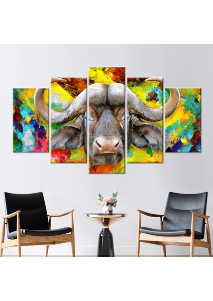 5 Parçalı Mix Kanvas Tablo, Renkli Buffalo, Buffalo Posteri, Renkli Kanvas Dekor, Bizon Sanat Eseri,