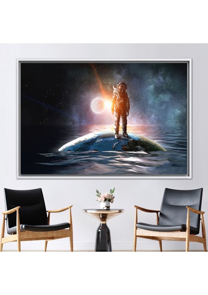 1 Parça Beyaz Çerçeveli Kanvas Tablo, Denizde Uzaycı, Soyut Toprak Sanat, Gezegen Sanat Eseri,