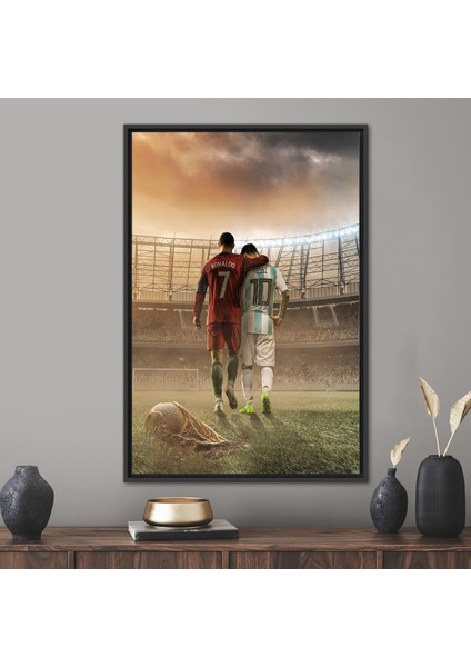 1 Parça Siyah Çerçeveli Kanvas Tablo, Lionel Messi Cristiano Ronaldo,