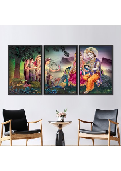 3 Parçalı Siyah Çerçeveli Kanvas Tablo, Radha Krishna Resim, Hindistan Kadın Kanvas,