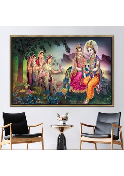 1 Parça Gold Çerçeveli Kanvas Tablo, Radha Krishna Resim, Üreme Baskılı, Hindistan Kadın Kanvas Deko
