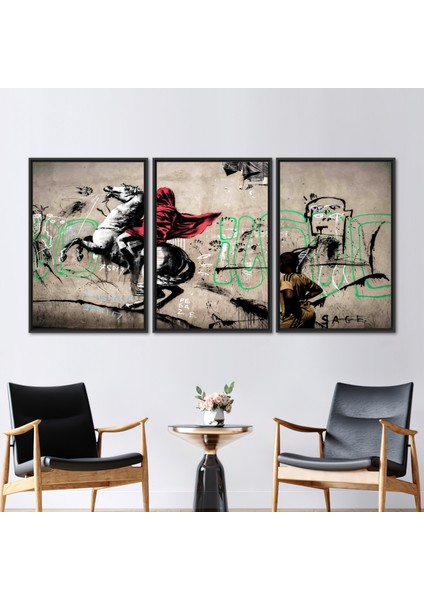 3 Parçalı Siyah Çerçeveli Kanvas Tablo, Banksy Horse Rider, Banksy Street 3 Boyutlu Kanvas,