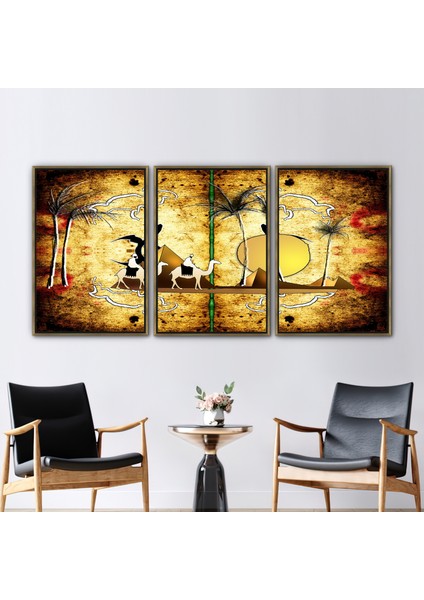3 Parçalı Gold Çerçeveli Kanvas Tablo, Deve ve Mısır, Soyut Güneş Kanvas, Soyut Sanat, Çöl Hediye Ka