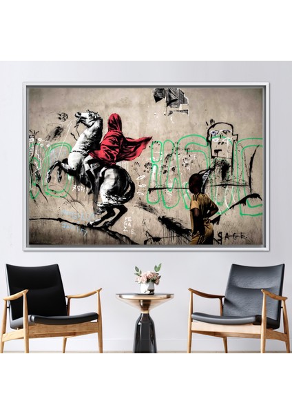 1 Parça Beyaz Çerçeveli Kanvas Tablo, Banksy Horse Rider, Banksy Graffiti Kanvas,