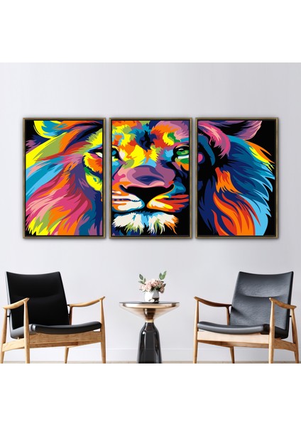 3 Parçalı Gold Çerçeveli Kanvas Tablo, Soyut Aslan Kanvas Sanatı, Aslan Kanvas Sanatı,