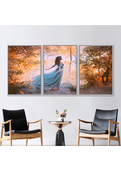 3 Parçalı Beyaz Çerçeveli Kanvas Tablo, Modern Duvar Süsü, Sonbahar Manzara Duvar Dekoru,