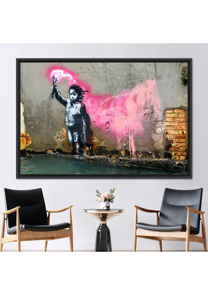 1 Parça Siyah Çerçeveli Kanvas Tablo, Banksy Göçmen Çocuk, Banksy Graffiti Baskılı,