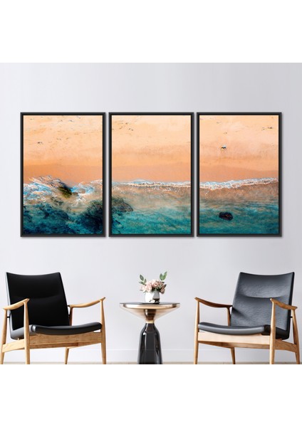 3 Parçalı Siyah Çerçeveli Kanvas Tablo, Deniz Manzarası, Dalga Manzarası Duvar Süsü,
