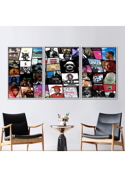 3 Parçalı Beyaz Çerçeveli Kanvas Tablo, Müzik Baskılı, Müzik Odası Kanvas Poster,