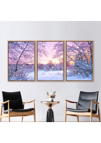3 Parçalı Naturel Çerçeveli Kanvas Tablo, Kar Manzarası, Kar Görünümü Duvar Süsü,