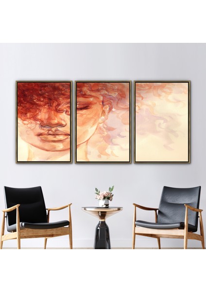 3 Parçalı Gold Çerçeveli Kanvas Tablo, Kıvırcık Saçlı Kız Boyama, Soyut Sanat, Kız Hediye Kanvas,