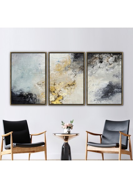 3 Parçalı Gold Çerçeveli Kanvas Tablo, Gri ve Altın Alçı, Alçı Kanvas Poster, Modern Kanvas,