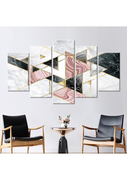 5 Parçalı Mix Kanvas Tablo, Pembe ve Gri Mermer, Modern Mermer Duvar Dekoru,