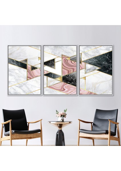3 Parçalı Beyaz Çerçeveli Kanvas Tablo, Pembe ve Gri Mermer, Altın Duvar Dekoru,