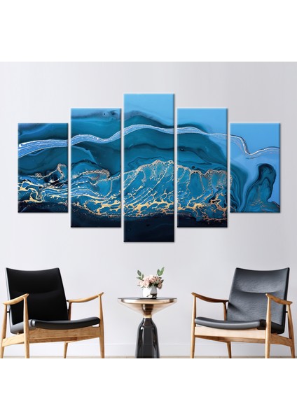 5 Parçalı Mix Kanvas Tablo, Mavi ve Altın Mermer, Mermer Sanat, Alkol Mürekkebi 3 Boyutlu Kanvas,