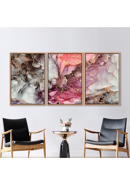 3 Parçalı Naturel Çerçeveli Kanvas Tablo, Pembe ve Gri Mermer, Soyut Kanvas Dekor,