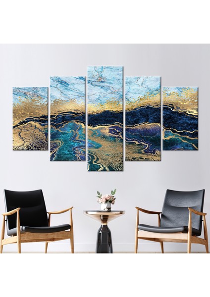 5 Parçalı Mix Kanvas Tablo, Modern Baskılı, Mavi Mermer Baskılı, Altın Mermer Kanvas Poster,