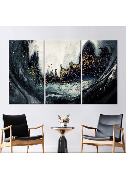 3 Parçalı Kanvas Tablo, Siyah ve Altın Mermer, Modern 3 Boyutlu Kanvas,