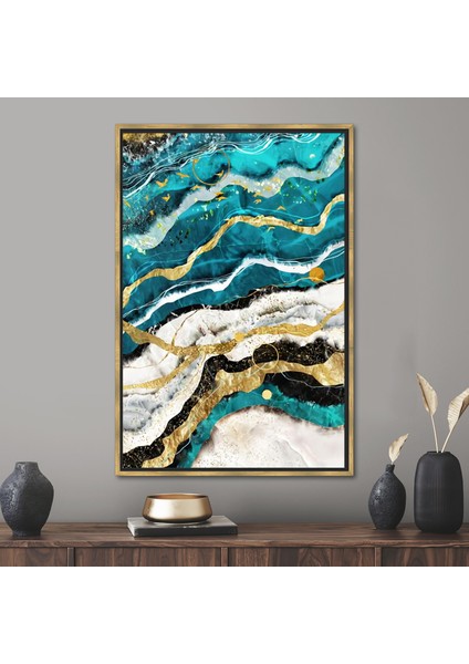 1 Parça Gold Çerçeveli Kanvas Tablo, Mavi ve Altın Mermer, Lüks Mermer Sanat Eseri,