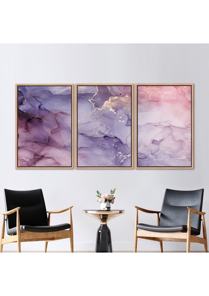 3 Parçalı Naturel Çerçeveli Kanvas Tablo, Mor ve Pembe Mermer, Altın Mermer Kanvas Poster,
