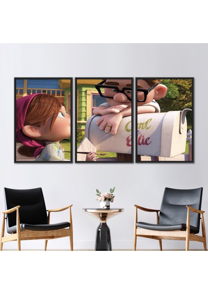 3 Parçalı Siyah Çerçeveli Kanvas Tablo, Carl Fredricksen Kanvas Dekor,