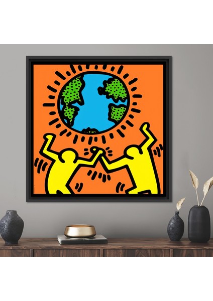 1 Parça Siyah Çerçeveli Kanvas Tablo, Keith Haring Dünya Günü, Dansgrafiti Kanvas Sanatı,