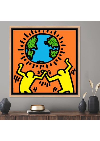 1 Parça Naturel Çerçeveli Kanvas Tablo, Keith Haring Dünya Günü, Dünya Hediye Kanvas,