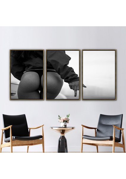 3 Parçalı Gold Çerçeveli Kanvas Tablo, Kara Tanga Kızı, Kadın Fotoğraf Kanvas,
