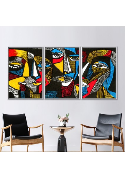 3 Parçalı Beyaz Çerçeveli Kanvas Tablo, Gerçeküstü Renkli Yüzler, Soyut Kanvas Poster,