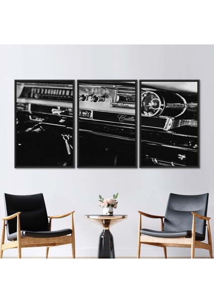 3 Parçalı Siyah Çerçeveli Kanvas Tablo, Cadillac Siyah Beyaz Poster, Klasik Cadillac Kanvas Sanatı,