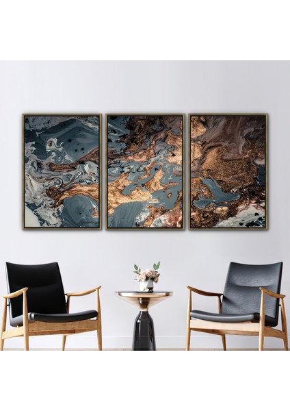 3 Parçalı Gold Çerçeveli Kanvas Tablo, Modern Kanvas Dekor, Mermer Kanvas Poster,
