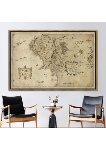 1 Parça Gold Çerçeveli Kanvas Tablo, Harita Kanvas, Dünya Haritası Sanat Eseri,