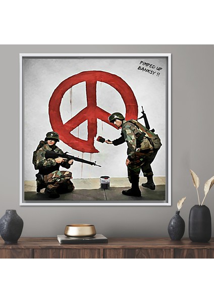 1 Parça Beyaz Çerçeveli Kanvas Tablo, Banksy Iki Solider Resim, Banksy Solider Hediye Kanvas,