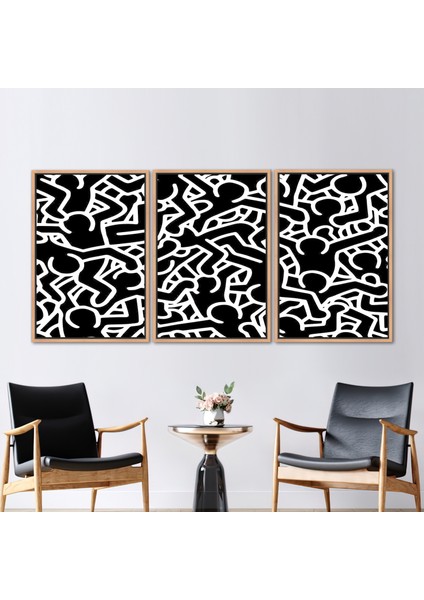 3 Parçalı Naturel Çerçeveli Kanvas Tablo, Keith Haring, Soyut Insanlar Kanvas,