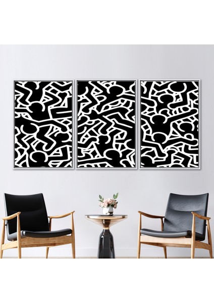 3 Parçalı Beyaz Çerçeveli Kanvas Tablo, Keith Haring, Soyut Insanlar Duvar Dekoru,