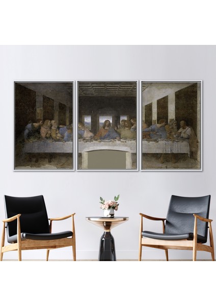 3 Parçalı Beyaz Çerçeveli Kanvas Tablo, Son Akşam Yemeği, Da Vinci Kanvas Dekor, Ünlü Kanvas Baskı,
