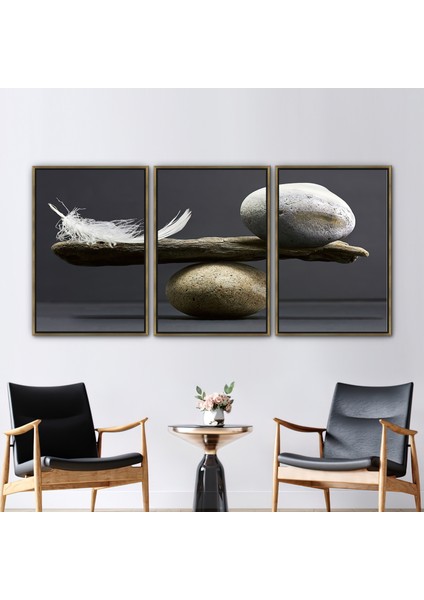 3 Parçalı Gold Çerçeveli Kanvas Tablo, Taş ve Tüy Dengesi, Denge Kanvas Poster,