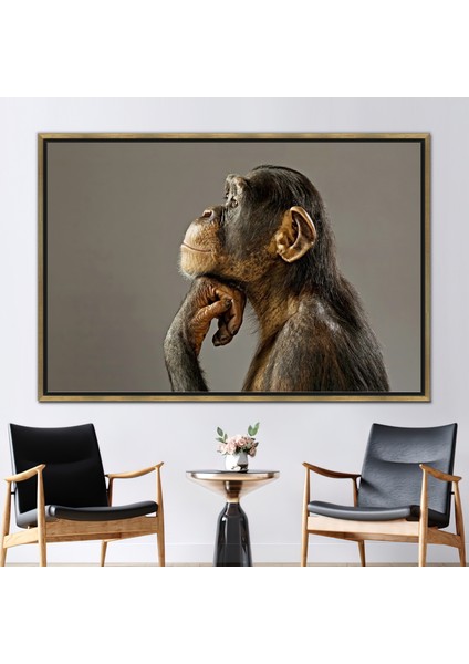 1 Parça Gold Çerçeveli Kanvas Tablo, Maymun Fotoğraf Baskısı Düşünme, Şempanze Kanvas Poster,