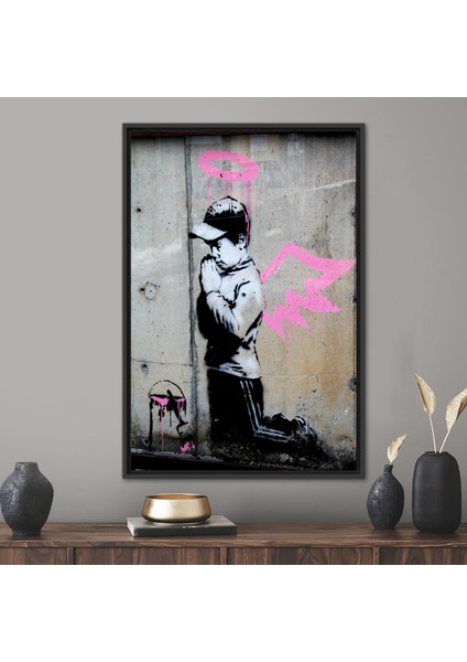 1 Parça Siyah Çerçeveli Kanvas Tablo Banksy Angel Boy Soyut 3 Boyutlu Kanvas