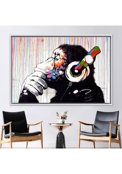 1 Parça Beyaz Çerçeveli Kanvas Tablo, Banksy Düşünme Maymun, Kulaklık Şempanze Baskılı,