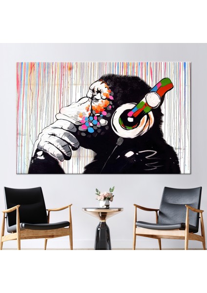 1 Parça Kanvas Tablo Banksy Düşünme Maymun Kulaklık Şempanze Sanat Eseri Banksy Kanvas Poster