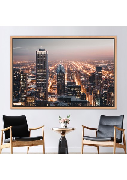 1 Parça Naturel Çerçeveli Kanvas Tablo, Şehir Peyzaj Tuval Kanvas Poster, Chicago Posteri,