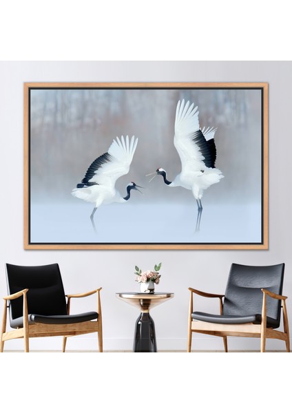 1 Parça Naturel Çerçeveli Kanvas Tablo, Dans Vinçleri, Kuş Çifti Sanat Eseri,